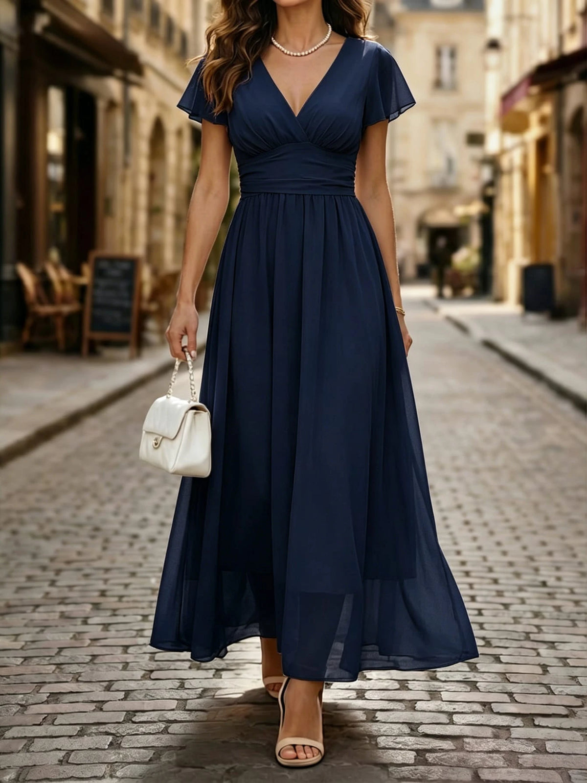 Balvessa Vestido de Chiffon Leve Romântico Elegante com Cintura Marcada Estilo Francês Vintage Manga com Babados Comprimento Médio para Mulheres