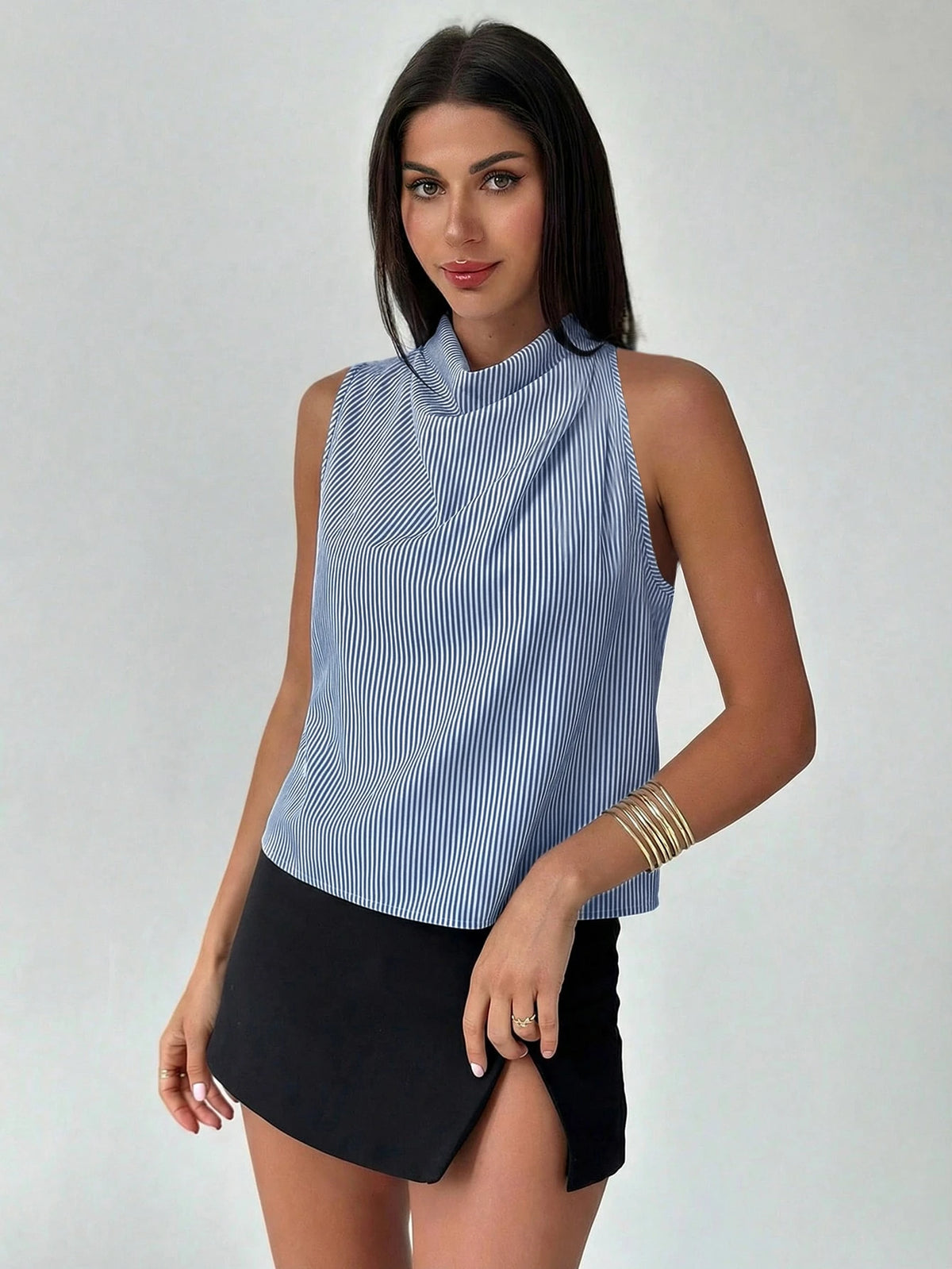 Firerie Blusa Assimétrica Plissada Cor de Damasco Elegante e da Moda Feminina, para Escritório, Uso Diário, Férias e Festivais de Música, Primavera/Verão
