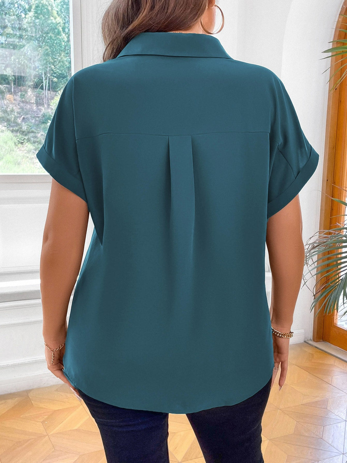 Vionelle Camisa casual e casual de Plus Size com mangas morcego sólidas para o verão feminina