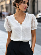 Blusa Jacquard com Decote em V, Tops de Manga Curta