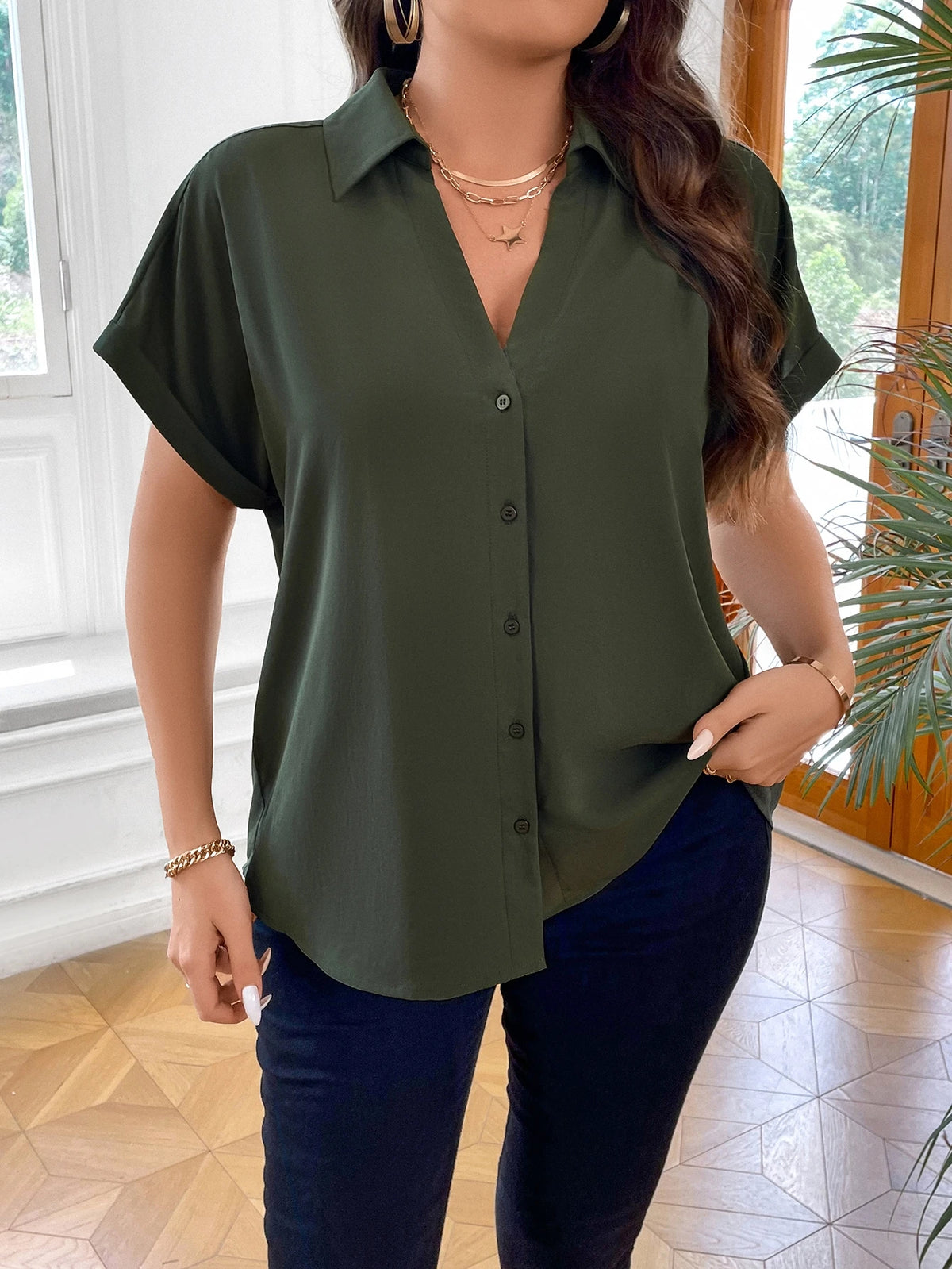 Vionelle Camisa casual e casual de Plus Size com mangas morcego sólidas para o verão feminina