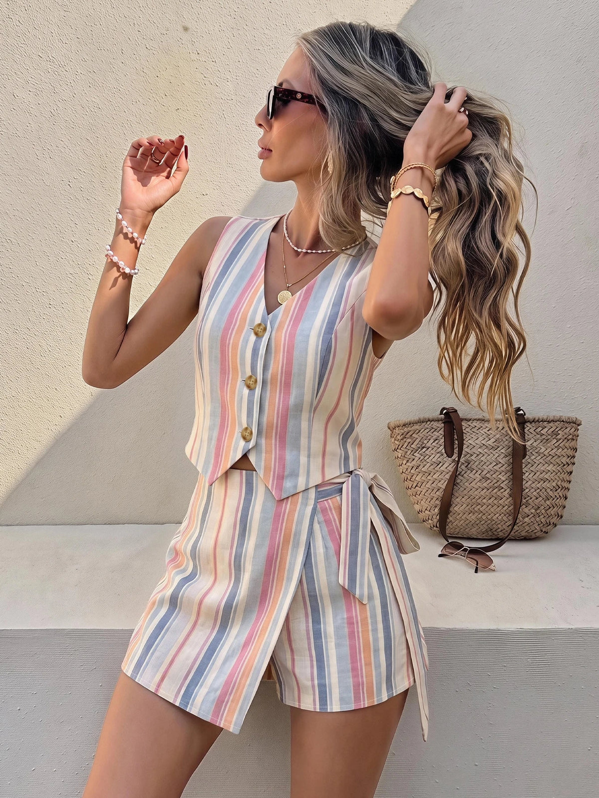 Conjunto Feminino Shorts-Saia e Colete Listrado com Laço