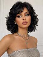 Peruca Feminina Cabelo Curto no Ombro Ondulado com Franja