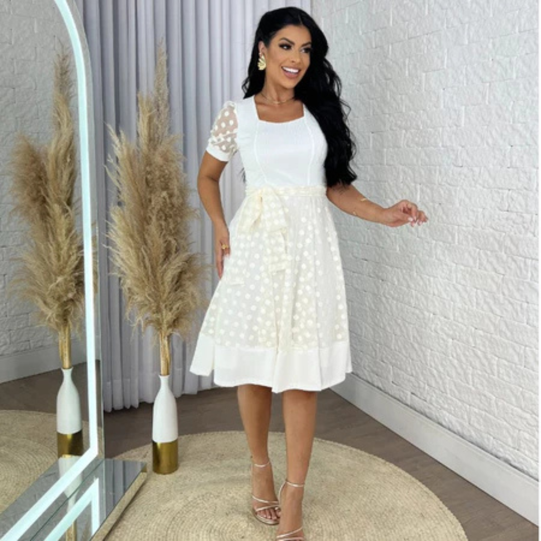 Vestido Midi Canelado com Tule