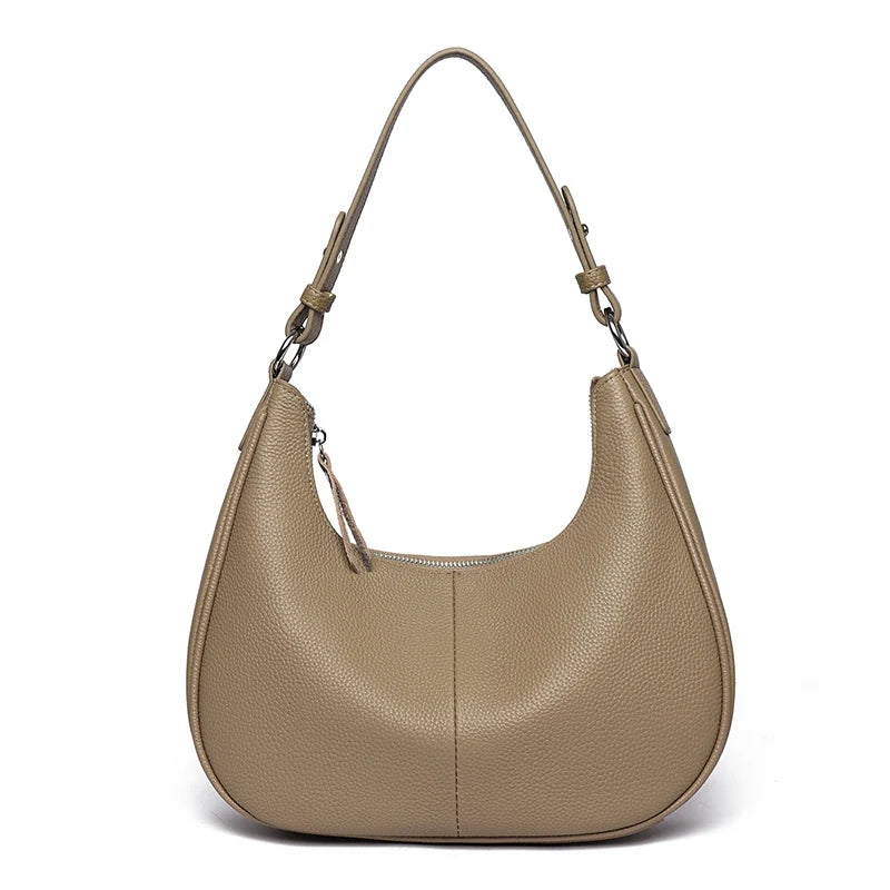 Bolsa Transversal Feminina de Couro Genuíno 100% para Ombro, Grande Capacidade, Modelo Meia-Lua, Bolsas Femininas de Couro Bovino de Grife, Sacola de Viagem/Uso Diário