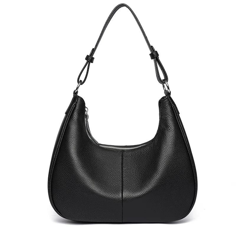 Bolsa Transversal Feminina de Couro Genuíno 100% para Ombro, Grande Capacidade, Modelo Meia-Lua, Bolsas Femininas de Couro Bovino de Grife, Sacola de Viagem/Uso Diário