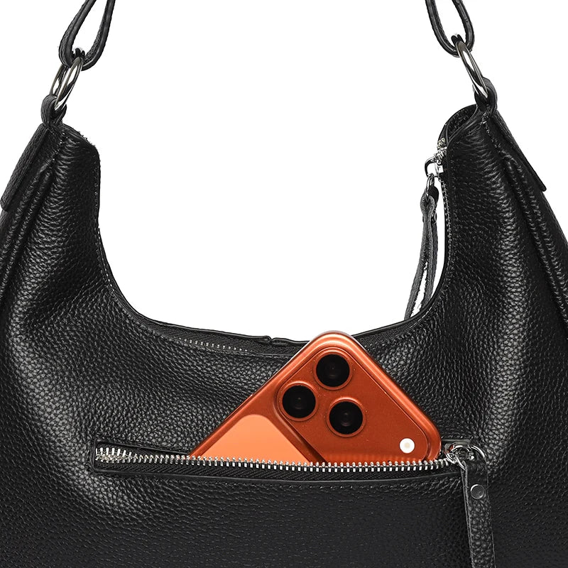 Bolsa Transversal Feminina de Couro Genuíno 100% para Ombro, Grande Capacidade, Modelo Meia-Lua, Bolsas Femininas de Couro Bovino de Grife, Sacola de Viagem/Uso Diário