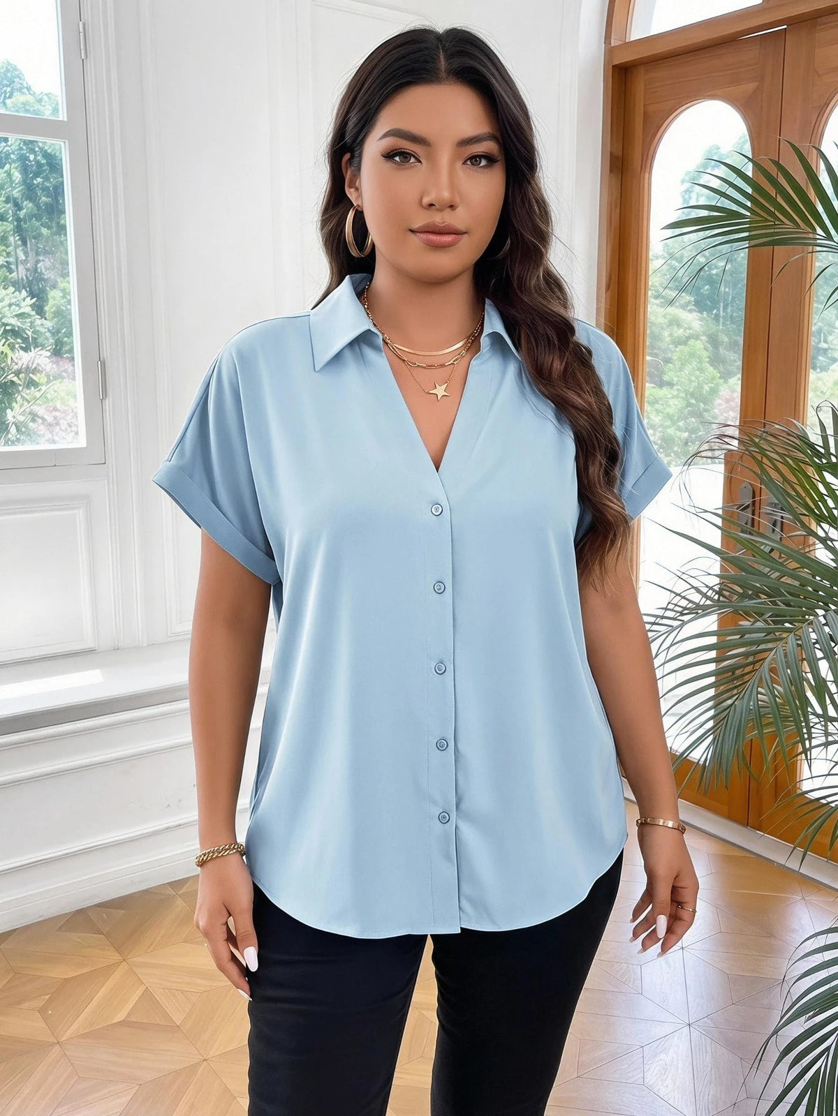 Vionelle Camisa casual e casual de Plus Size com mangas morcego sólidas para o verão feminina