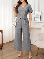 Editum Conjunto Casual Diário de 2 Peças com Top de Manga Curta com Decote em V Listrado e Calça Longa para Mulheres