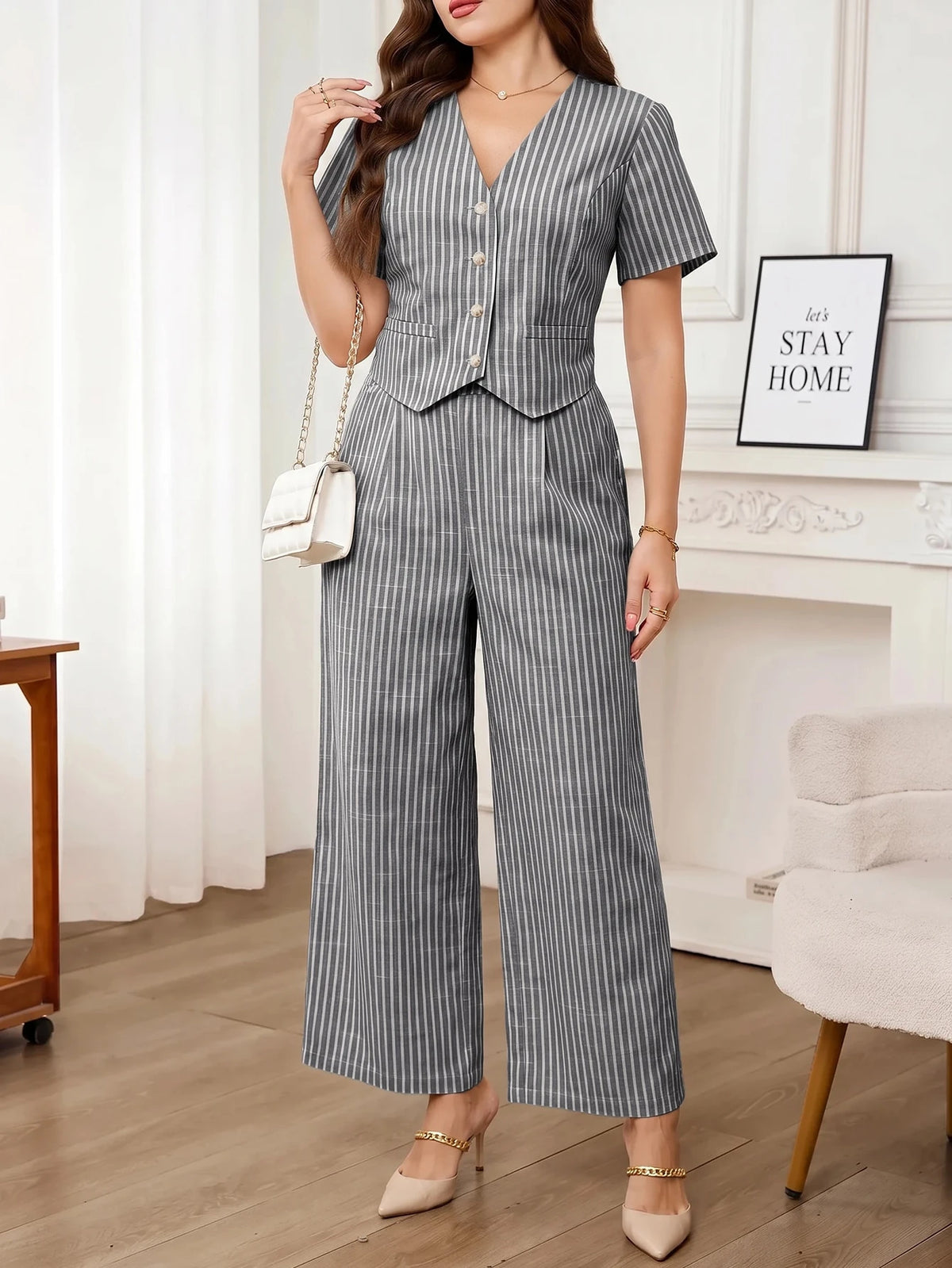 Editum Conjunto Casual Diário de 2 Peças com Top de Manga Curta com Decote em V Listrado e Calça Longa para Mulheres