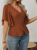 Vionelle Blusa Feminina Plus Size Elegante Estilo Francês com Decote em V, Decoração com Botões, Cintura Marcada, Barra Evasê e Manga Curta, Marrom, Verão, Escritório, Ação de Graças