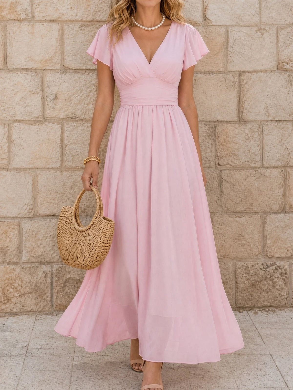 Vestido Longo em Chiffon Cintura Marcada Manga com Babados