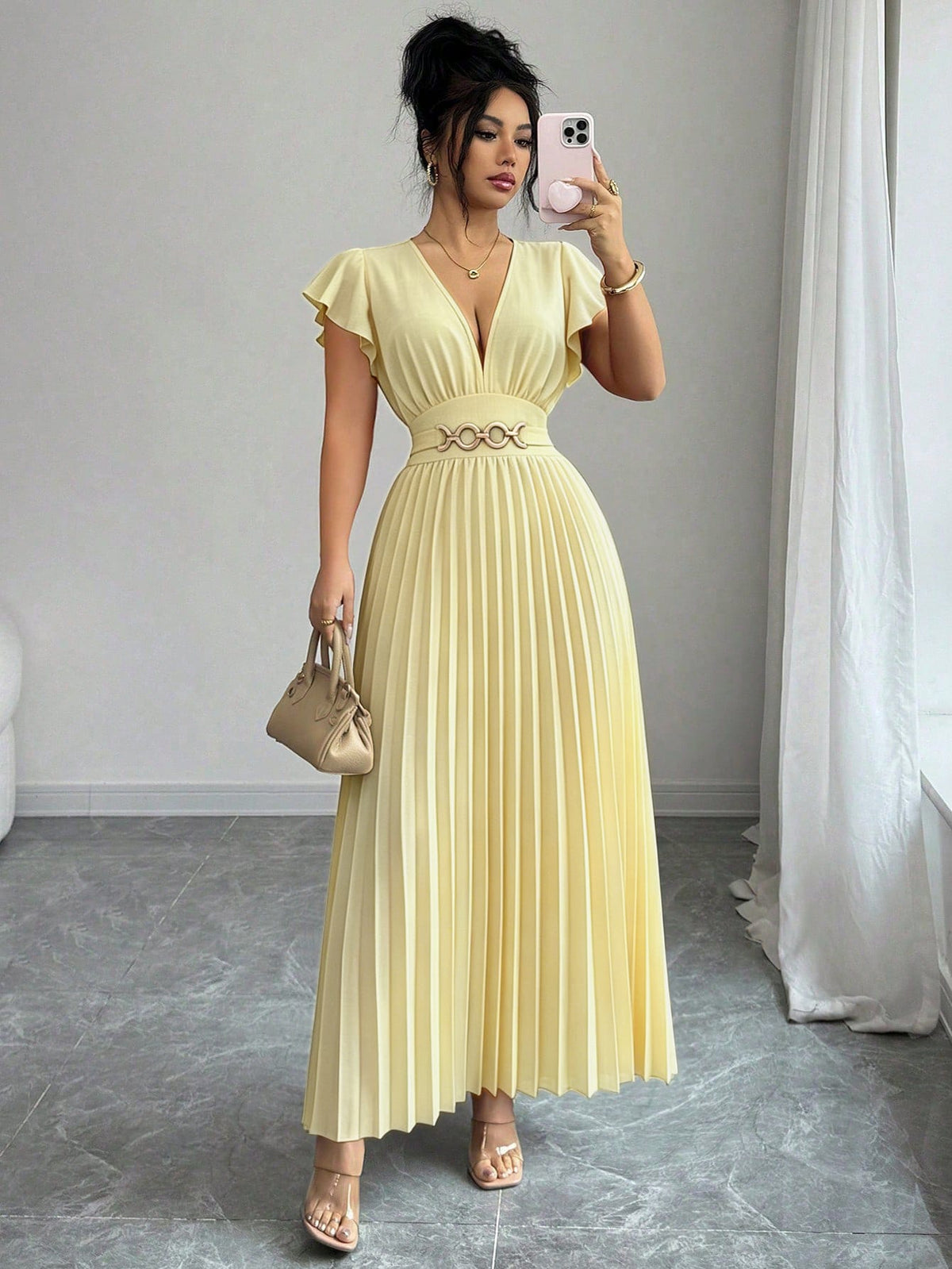 Elenzga Novo Vestido Longo Feminino com Decote em V, Manga com Babado, Tecido Liso, Fivela de Metal, Design Plissado, Elegante, Jovem, para Dia dos Namorados, Banquete, Férias e Festa, com Efeito Alongador e Emagrecedor