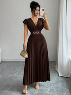 Elenzga Novo Vestido Longo Feminino com Decote em V, Manga com Babado, Tecido Liso, Fivela de Metal, Design Plissado, Elegante, Jovem, para Dia dos Namorados, Banquete, Férias e Festa, com Efeito Alongador e Emagrecedor