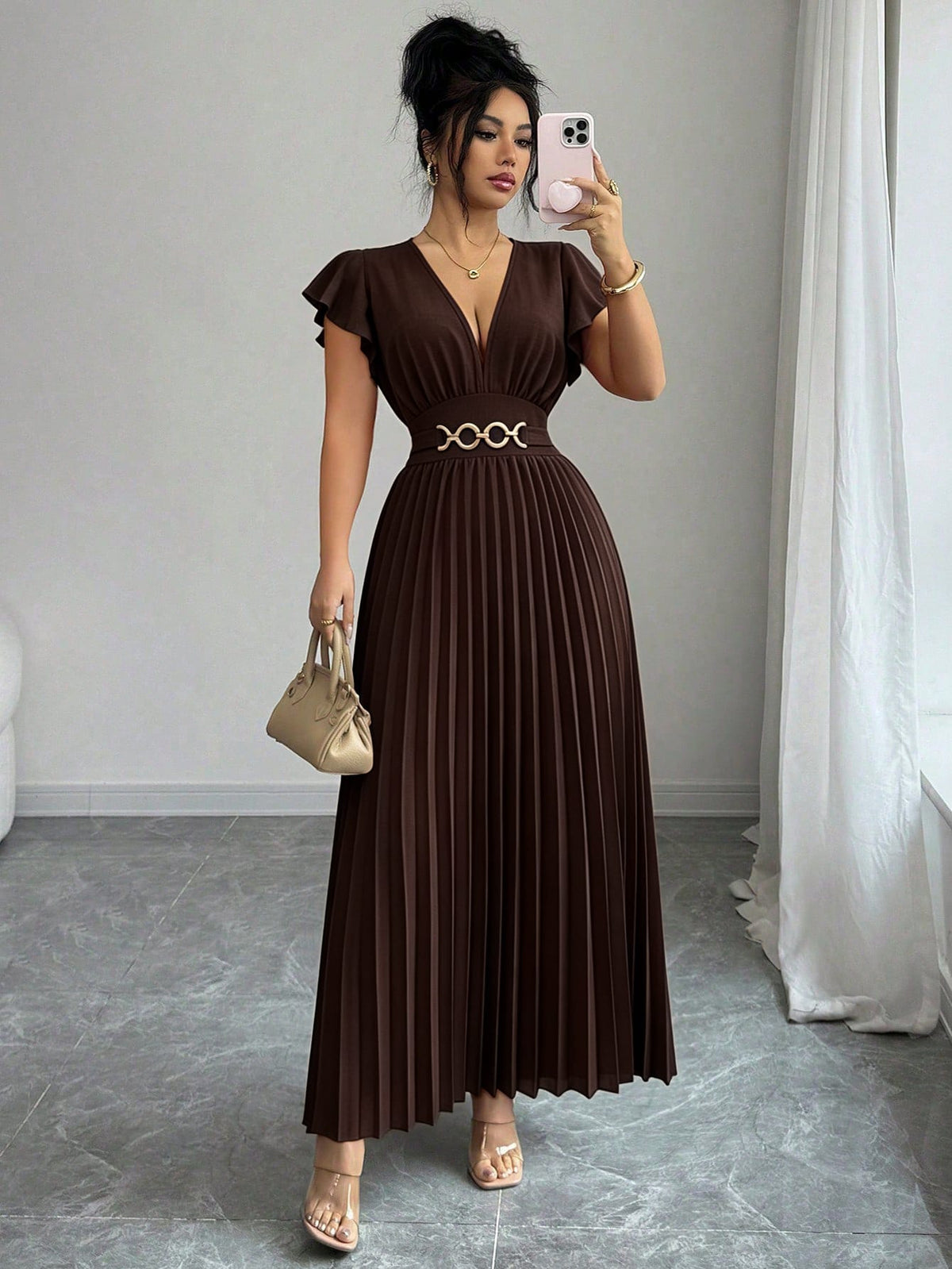 Elenzga Novo Vestido Longo Feminino com Decote em V, Manga com Babado, Tecido Liso, Fivela de Metal, Design Plissado, Elegante, Jovem, para Dia dos Namorados, Banquete, Férias e Festa, com Efeito Alongador e Emagrecedor
