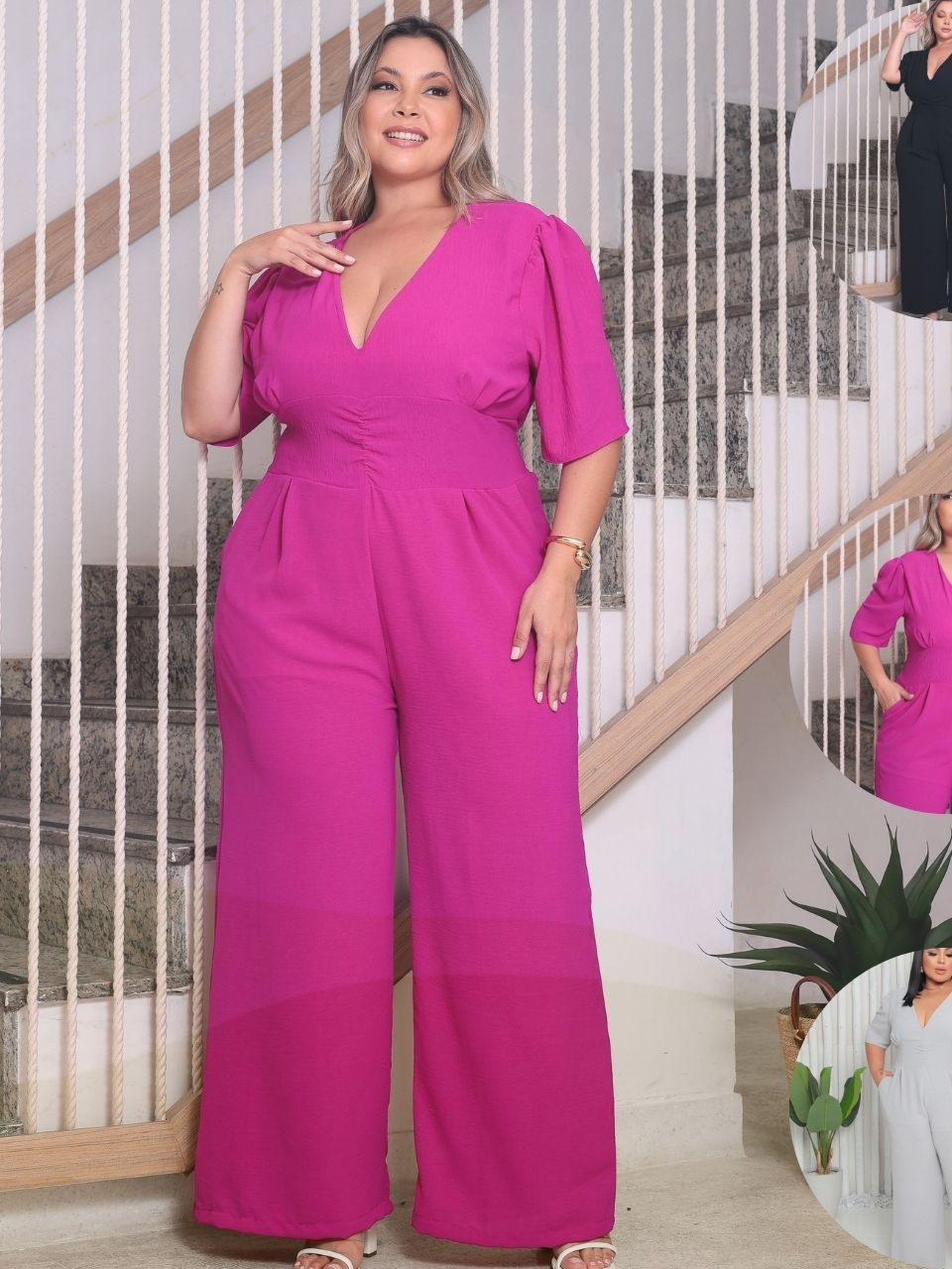 Macacão Pantalona Plus Size Modelador Manga Curta