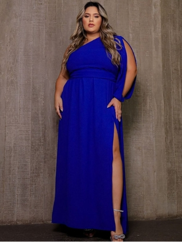 Vestido Feminino Manga Única Plus Size Curve Longo Com Fenda e Abertura Na Manga Elegante