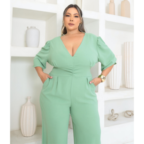 Macacão Pantalona Plus Size Modelador Manga Curta