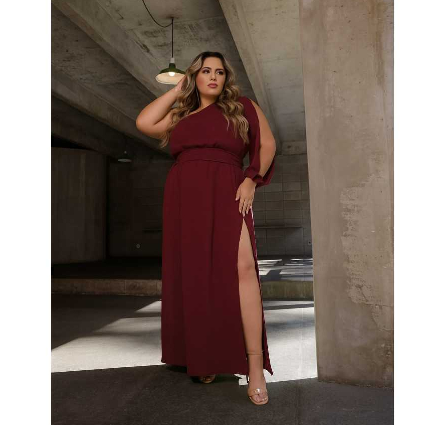 Vestido Um Ombro Só Plus Size Longo Com Fenda