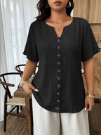 Weeklong Top Solta de Manga Curta com Recorte Floral e Babados para Mulheres Plus Size, Ideal para Férias de Primavera/Verão
