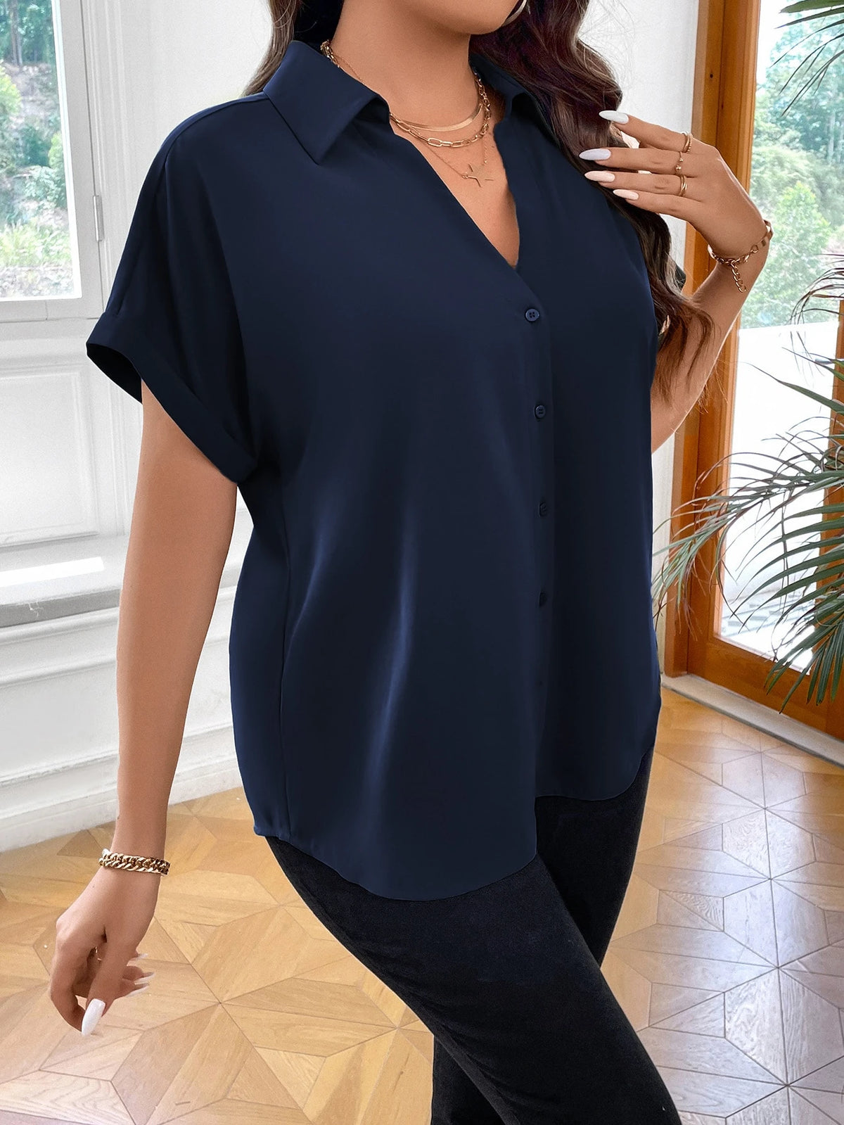 Vionelle Camisa casual e casual de Plus Size com mangas morcego sólidas para o verão feminina
