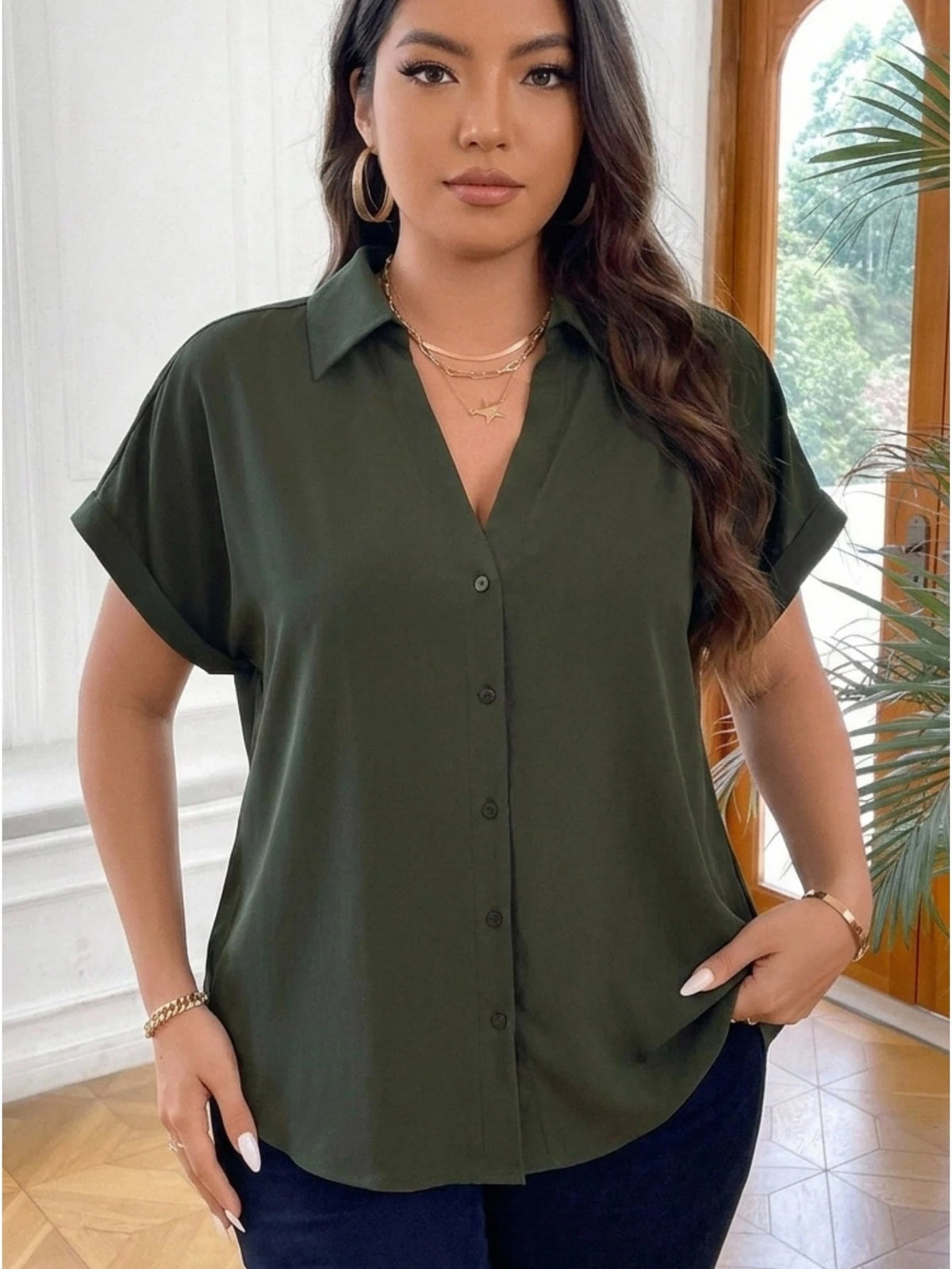 Vionelle Camisa casual e casual de Plus Size com mangas morcego sólidas para o verão feminina