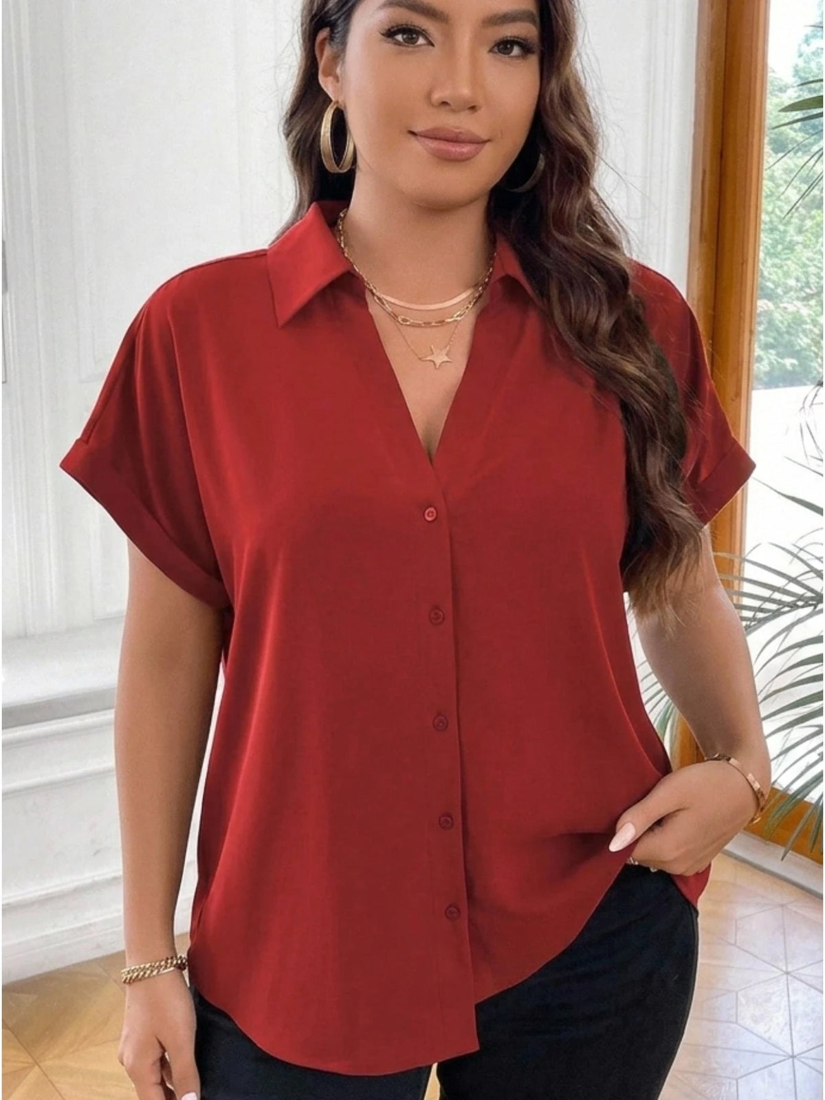 Vionelle Camisa casual e casual de Plus Size com mangas morcego sólidas para o verão feminina