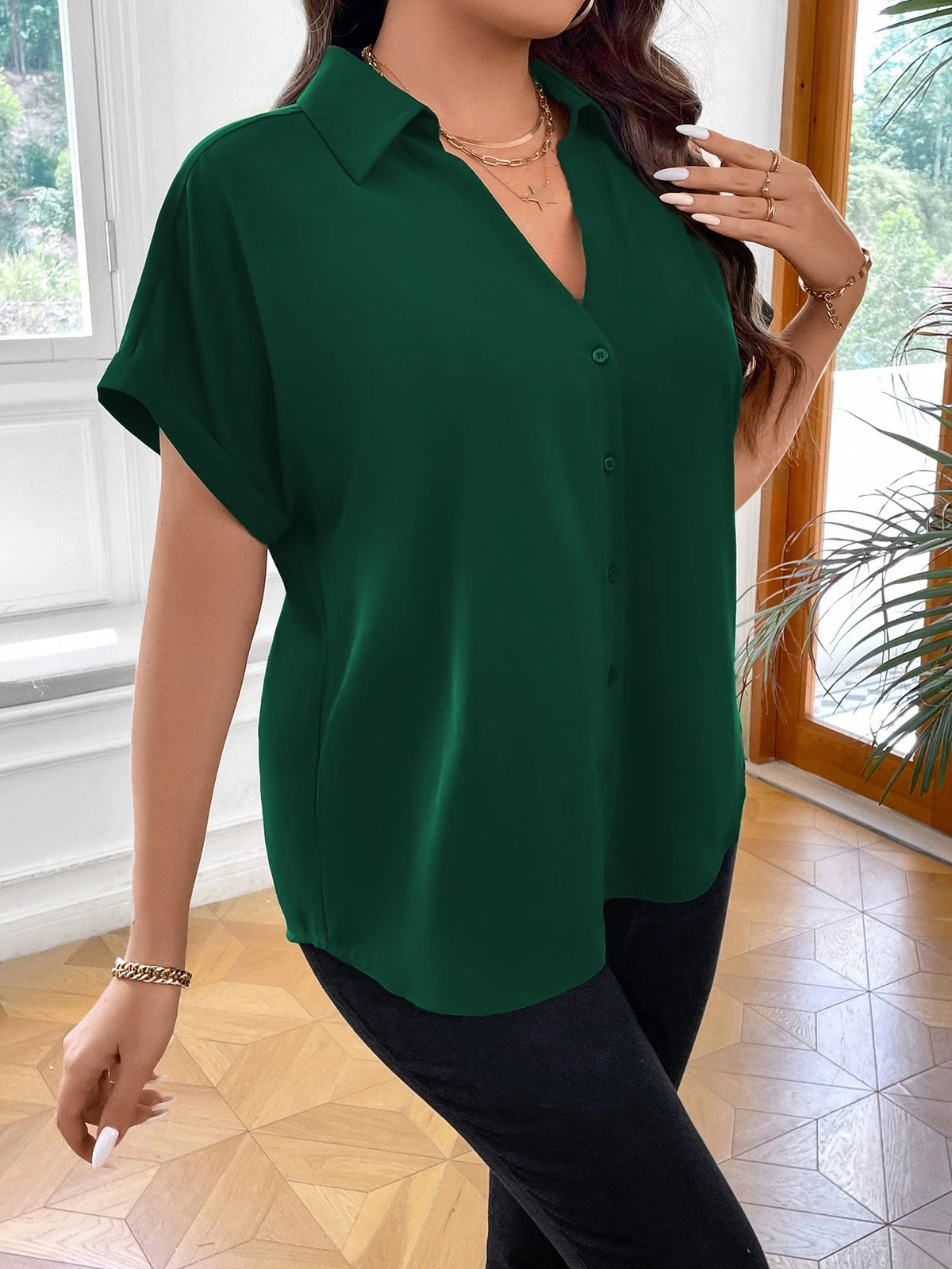 Vionelle Camisa casual e casual de Plus Size com mangas morcego sólidas para o verão feminina