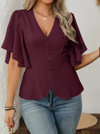 Vionelle Blusa Feminina Plus Size Elegante Estilo Francês com Decote em V, Decoração com Botões, Cintura Marcada, Barra Evasê e Manga Curta, Marrom, Verão, Escritório, Ação de Graças