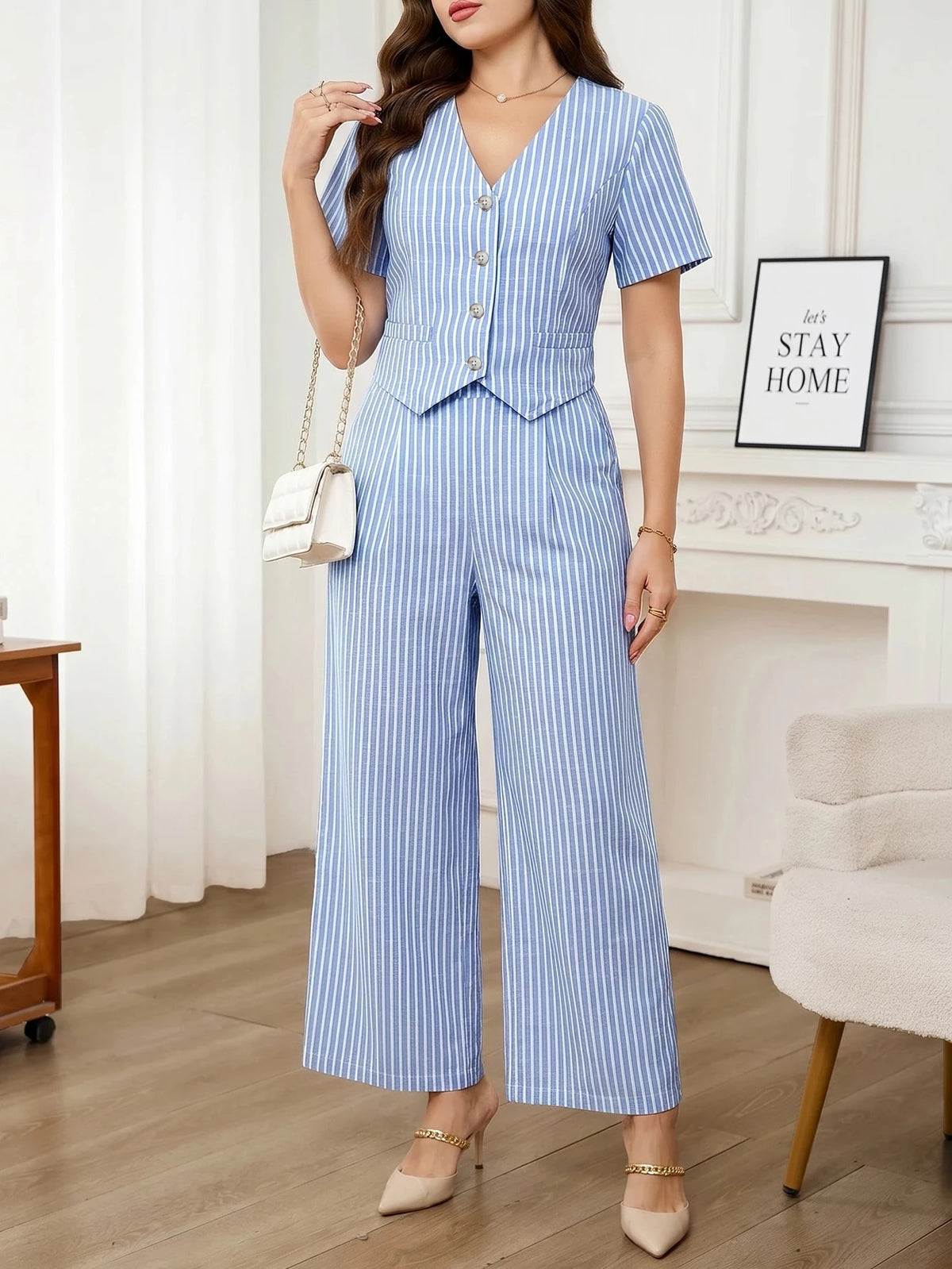 Editum Conjunto Casual Diário de 2 Peças com Top de Manga Curta com Decote em V Listrado e Calça Longa para Mulheres