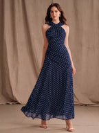 Anewsta Vestido Longo Elegante e Sexy para Mulheres, Primavera/Verão, Novo, Moda para Férias, Encontro, Casamento e Passeio, Ombro Frio, Poá, Gola Halter, Sem Mangas