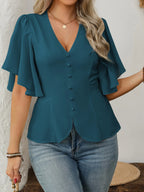 Vionelle Blusa Feminina Plus Size Elegante Estilo Francês com Decote em V, Decoração com Botões, Cintura Marcada, Barra Evasê e Manga Curta, Marrom, Verão, Escritório, Ação de Graças