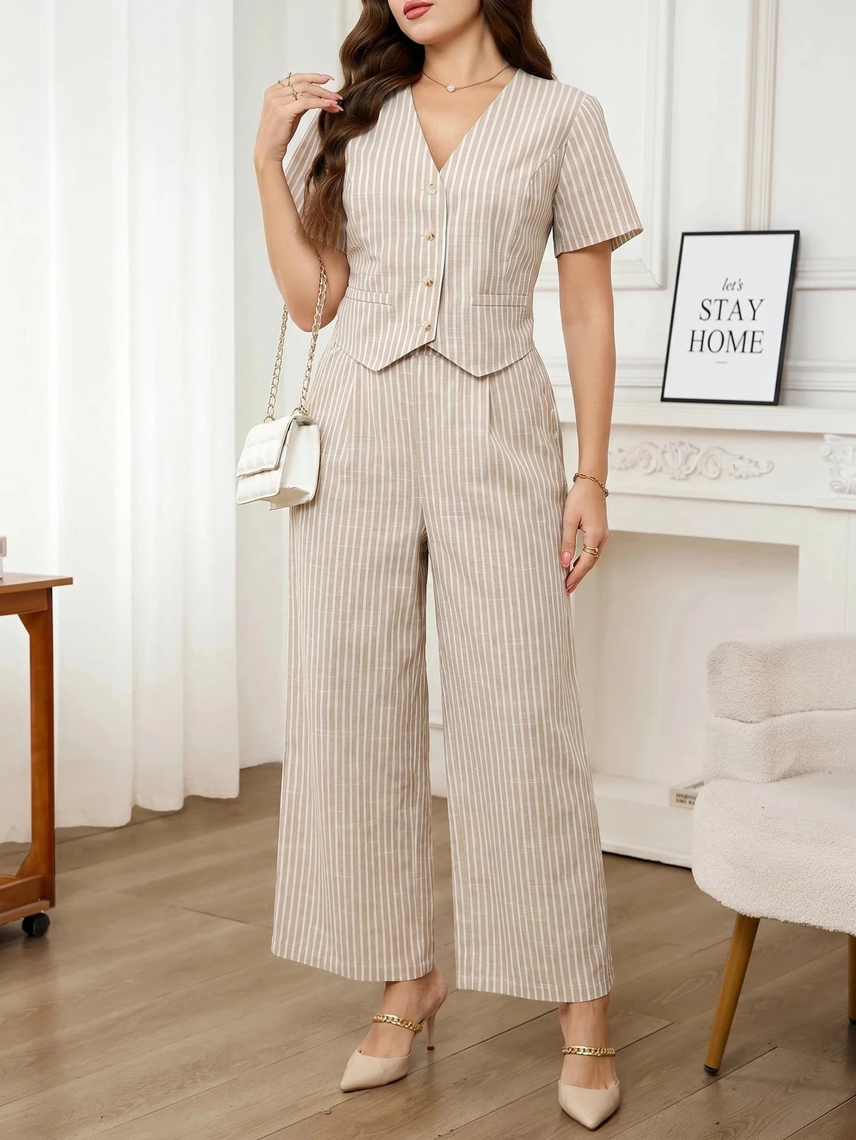 Editum Conjunto Casual Diário de 2 Peças com Top de Manga Curta com Decote em V Listrado e Calça Longa para Mulheres