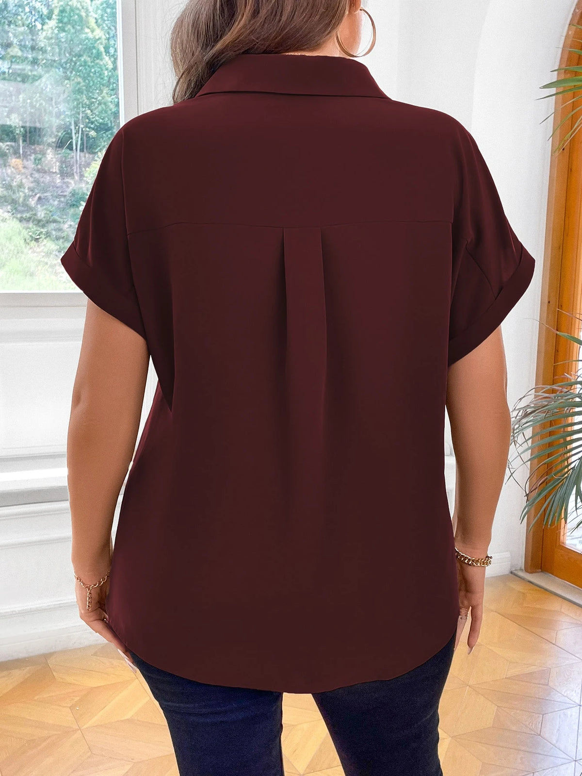 Vionelle Camisa casual e casual de Plus Size com mangas morcego sólidas para o verão feminina