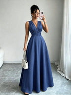 Vestido Longo Sem Manga Feminino Decote V Cintura Franzida Convidada Festa 