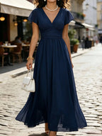 Balvessa Vestido de Chiffon Leve Romântico Elegante com Cintura Marcada Estilo Francês Vintage Manga com Babados Comprimento Médio para Mulheres