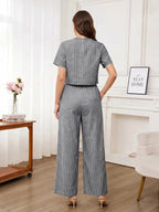 Editum Conjunto Casual Diário de 2 Peças com Top de Manga Curta com Decote em V Listrado e Calça Longa para Mulheres