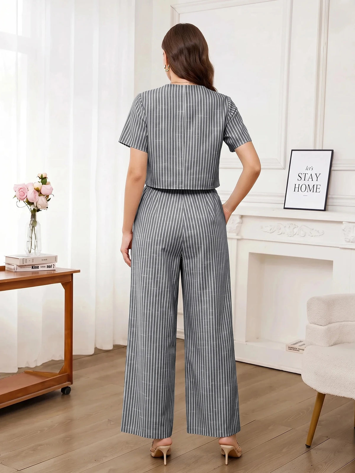 Editum Conjunto Casual Diário de 2 Peças com Top de Manga Curta com Decote em V Listrado e Calça Longa para Mulheres