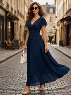 Balvessa Vestido de Chiffon Leve Romântico Elegante com Cintura Marcada Estilo Francês Vintage Manga com Babados Comprimento Médio para Mulheres